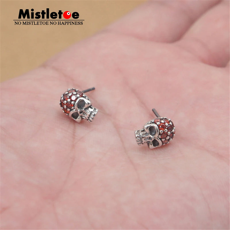 925 Silver Skull Red CZ Stud Earrings Vintage Punk Style