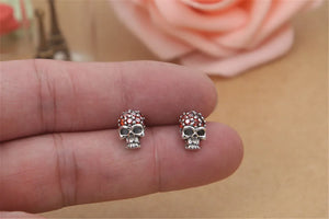 925 Silver Skull Red CZ Stud Earrings Vintage Punk Style