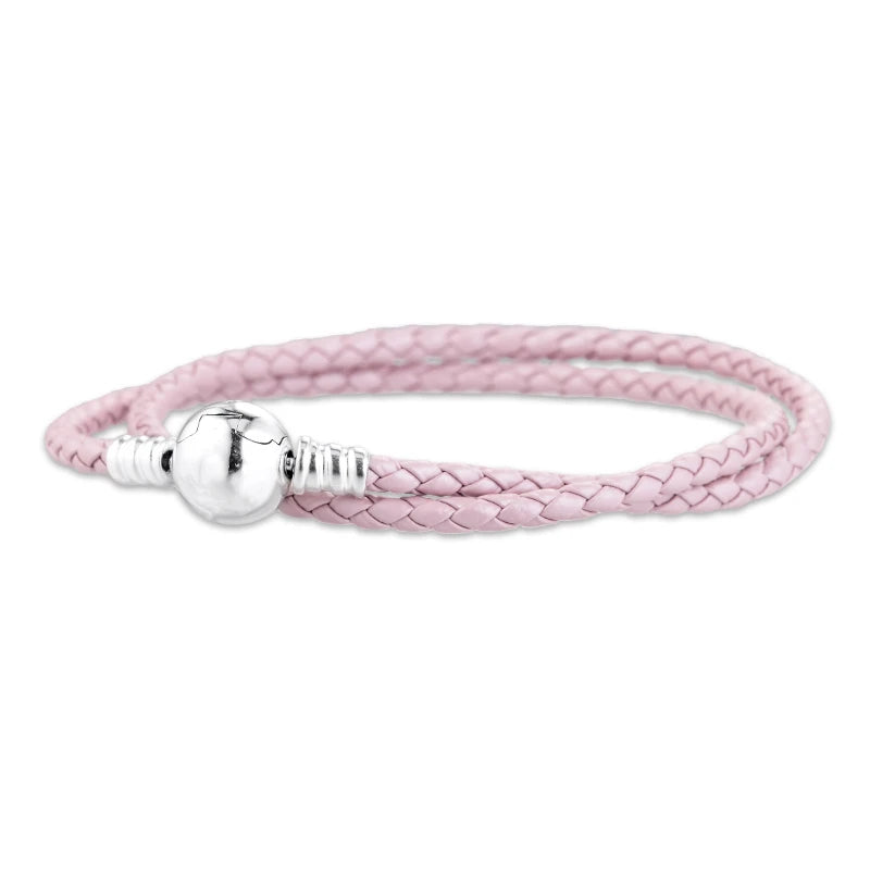 925 Silver Woven Double-Leather Charm Bracelet DIY Women Jewelry