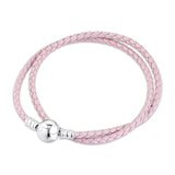925 Silver Woven Double-Leather Charm Bracelet DIY Women Jewelry