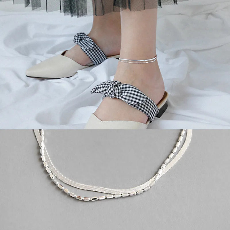 925 Silver Double-Rows Snakebone & Oval Beads Anklet