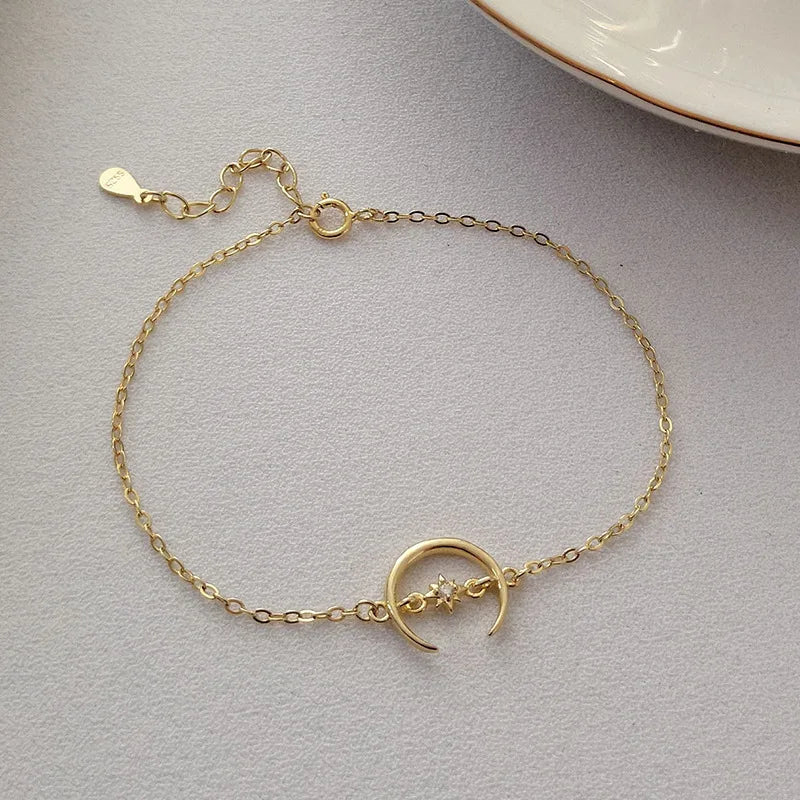 925 Silver Moon Crescent & Star Chain Bracelet TLS227