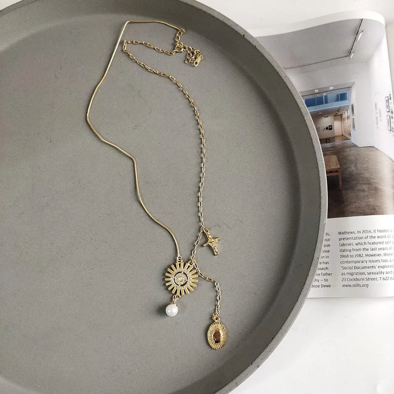 925 Silver Gold Sun Goddess Cross Shell Pearl Pendant Necklace Tassel Gift