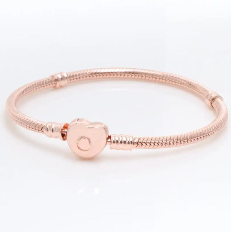 925 Sterling Silver Pan Bracelet Rose Snake Chain Women Beads Charm Jewelry