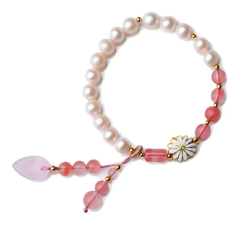 Pearl Bracelet with Rose Quartz Charm