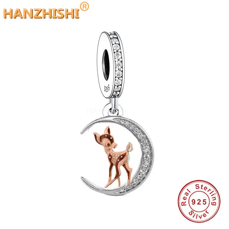 925 Silver Deer Moon Charm Beads - Jewelry Making Gift