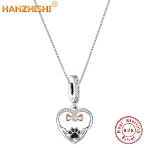 925 Silver Dog Footprint Bone Heart Pendant Necklace Women Jewelry