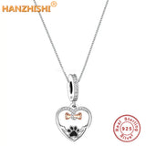 925 Silver Dog Footprint Bone Heart Pendant Necklace Women Jewelry