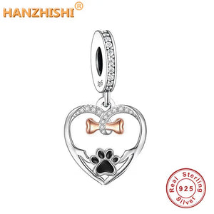 925 Silver Dog Footprint Bone Heart Pendant Necklace Women Jewelry