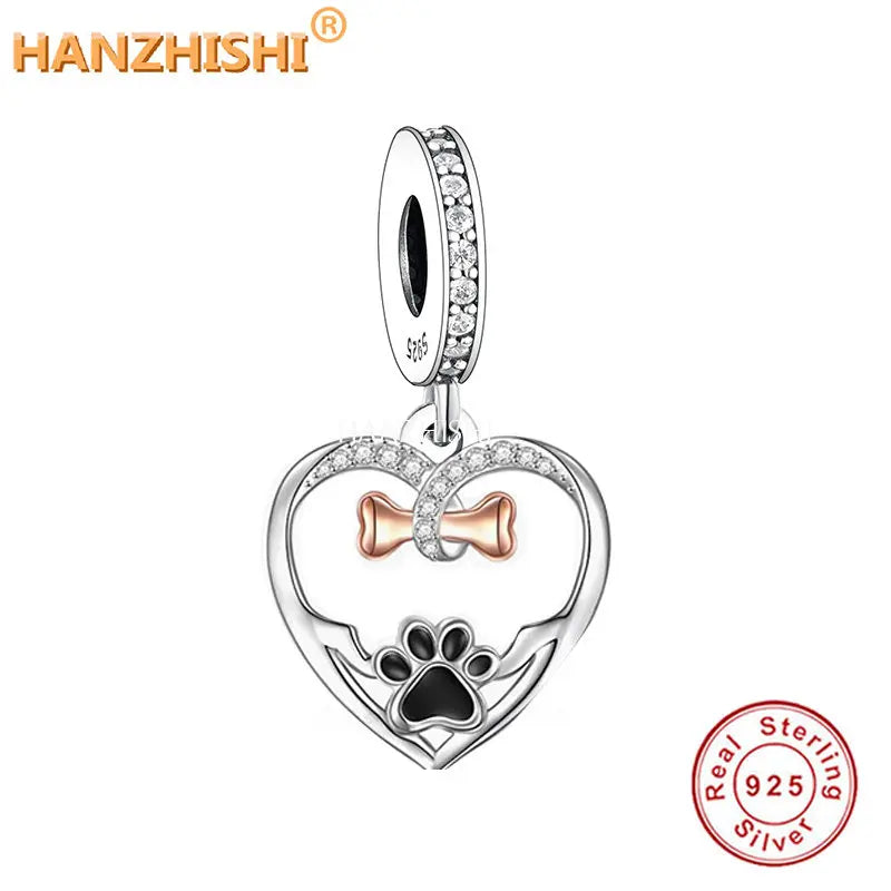 925 Silver Dog Footprint Bone Heart Pendant Necklace Women Jewelry