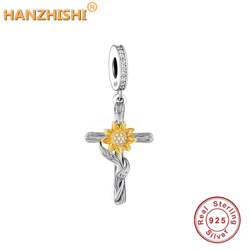 925 Silver Sun Flower Cross Charm Beads for Bracelet Necklace