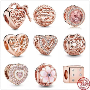 925 Silver Family Tree Heart Charm Bead Pendant Rose Bracelets DIY
