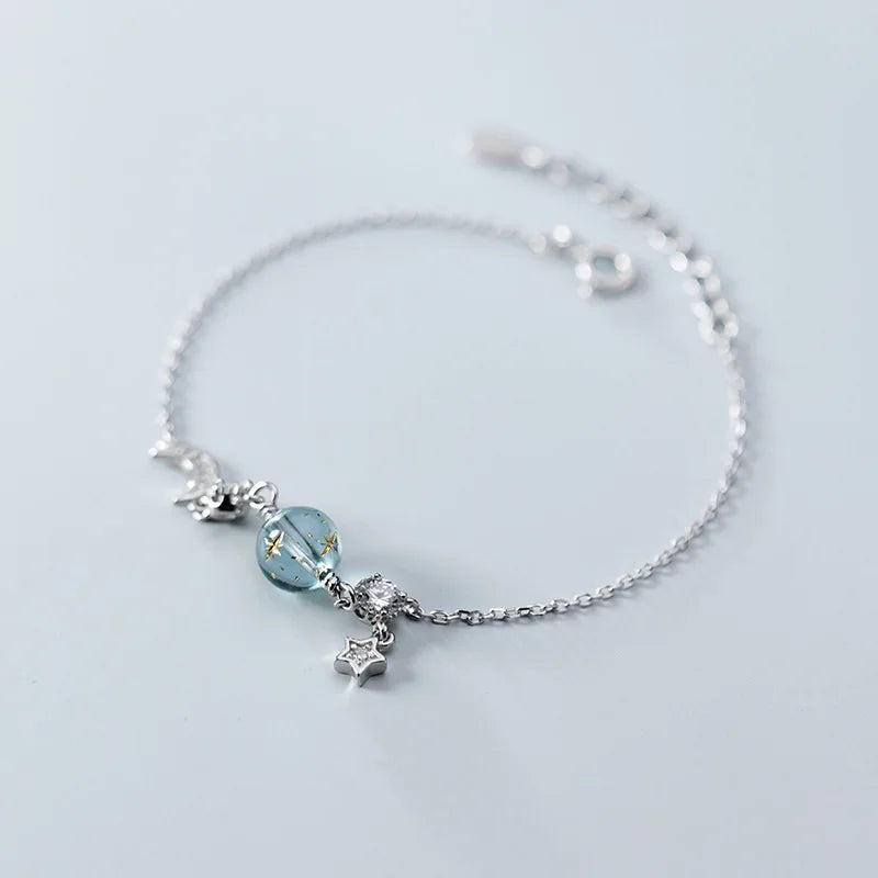 925 Silver Crystal Moon Star & Blue CZ Chain Bracelet