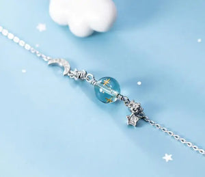 925 Silver Crystal Moon Star & Blue CZ Chain Bracelet
