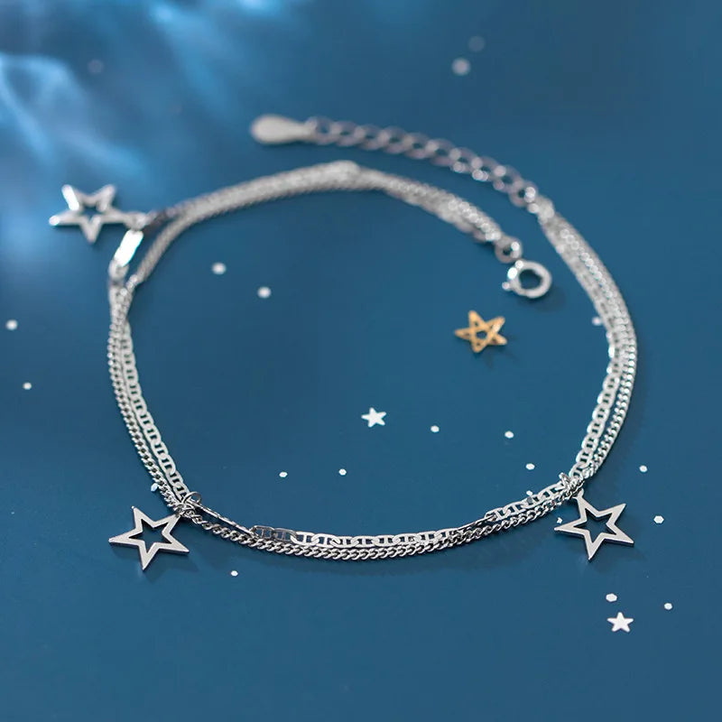925 Silver Multi-layers Beads Chain Star Anklet Bracelet
