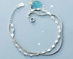 925 Sterling Silver Double Rows Layered Coin Chain Bracelet GTLS953