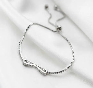 925 Silver Zircon Tennis Bowknot & Ball Chain Bracelet Tassel - C-S3666