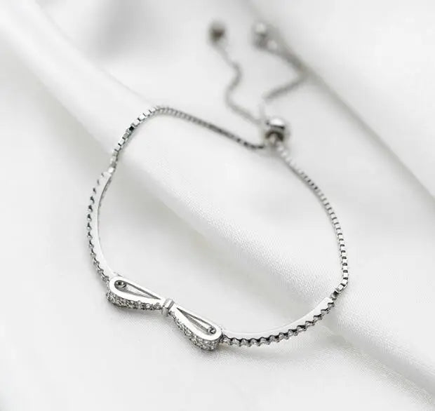 925 Silver Zircon Tennis Bowknot & Ball Chain Bracelet Tassel - C-S3666