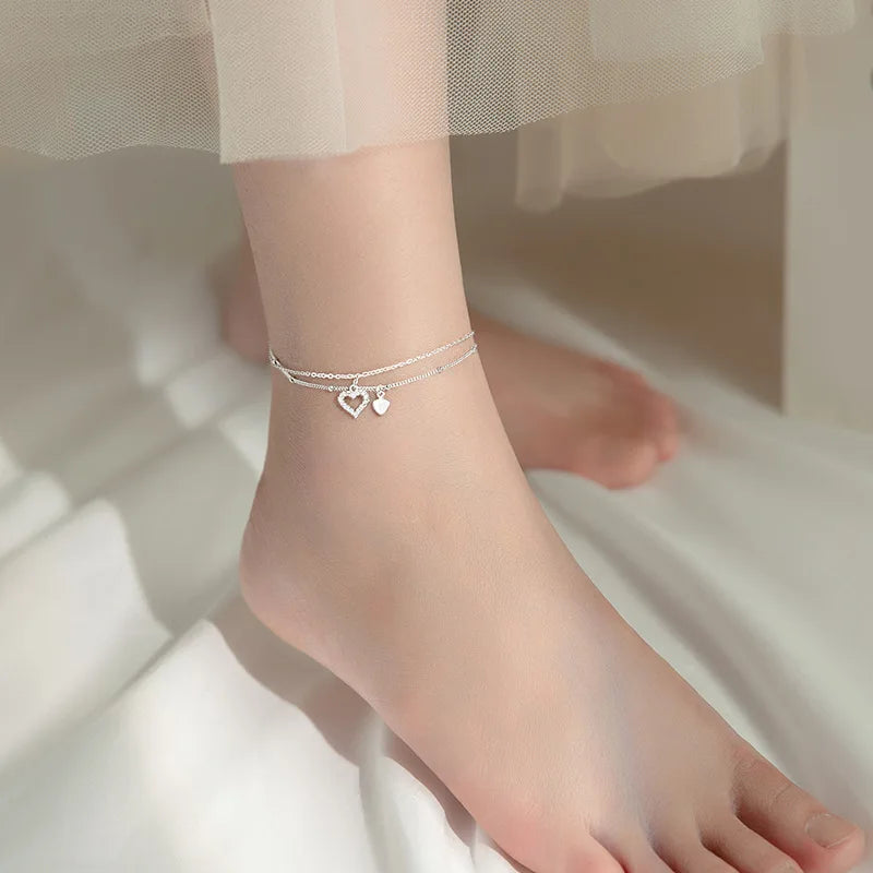 925 Silver Heart & Beads Anklet Bracelet C-S4571
