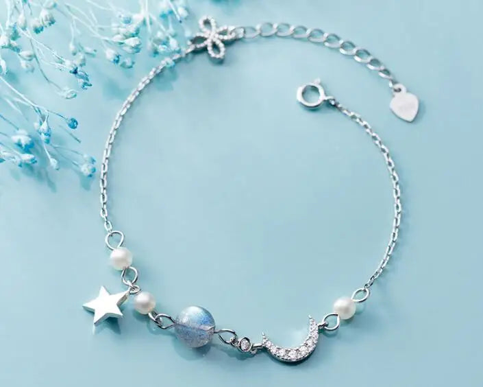 925 Silver Moonstone & Crescent Moon Bracelet Tassel GTLS932