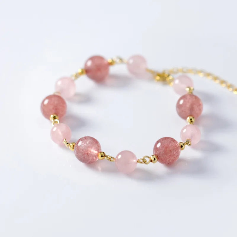 925 Silver Strawberry Quartz & Rose Crystal Bracelet
