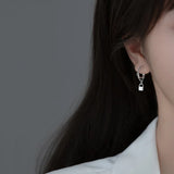 925 Silver Sterling Double Rows Chain Lock Piercing Ear Earrings