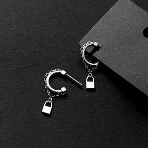 925 Silver Sterling Double Rows Chain Lock Piercing Ear Earrings
