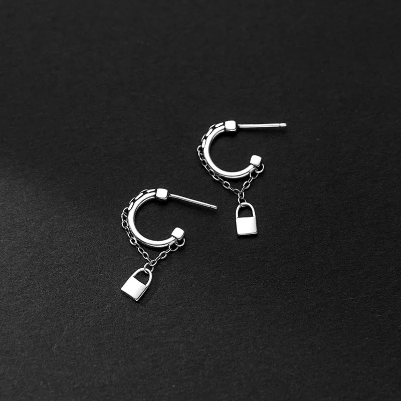 925 Silver Sterling Double Rows Chain Lock Piercing Ear Earrings