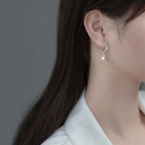 925 Silver Sterling Double Rows Chain Lock Piercing Ear Earrings