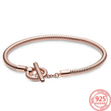 925 Silver Heart T-Bar Snake Chain Bracelet Women