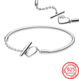 925 Silver Heart T-Bar Snake Chain Bracelet Women