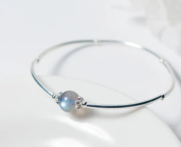 925 Silver Moonstone Bangle Cuff Bracelet with Flower Charms