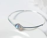 925 Silver Moonstone Bangle Cuff Bracelet with Flower Charms