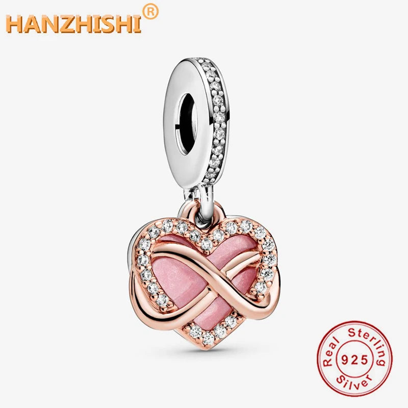 925 Silver Pink Heart Dangle Charms Beads for Bracelet Bangle Jewelry