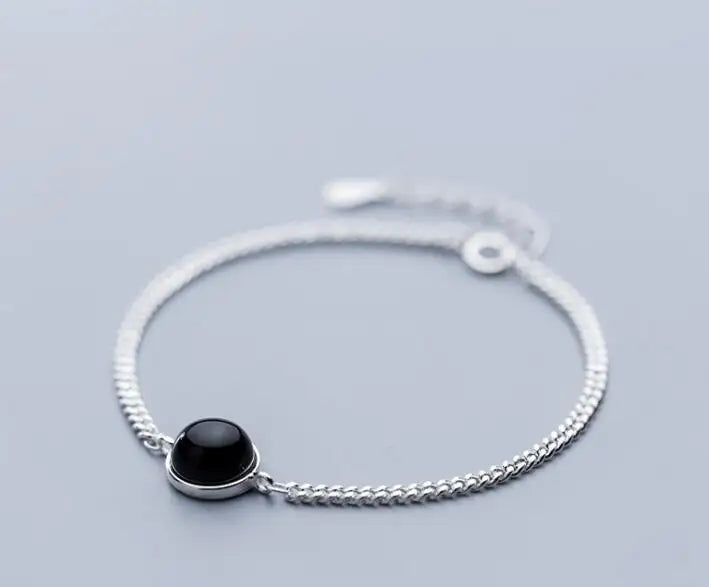 925 Sterling Silver Black Agate Cuban Chain Bracelet