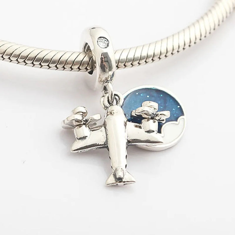 S925 Silver Bead Enamel Airplane Crystal Charm Bracelet