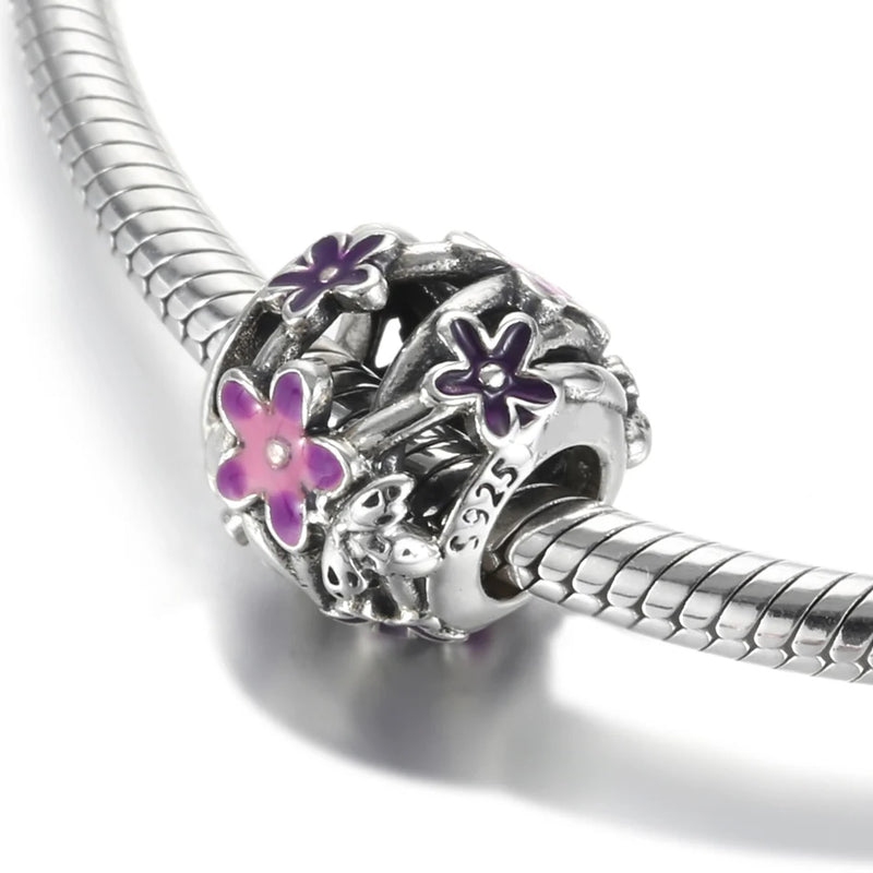 S925 Silver Purple Daisies Charm for Bracelet Bangle