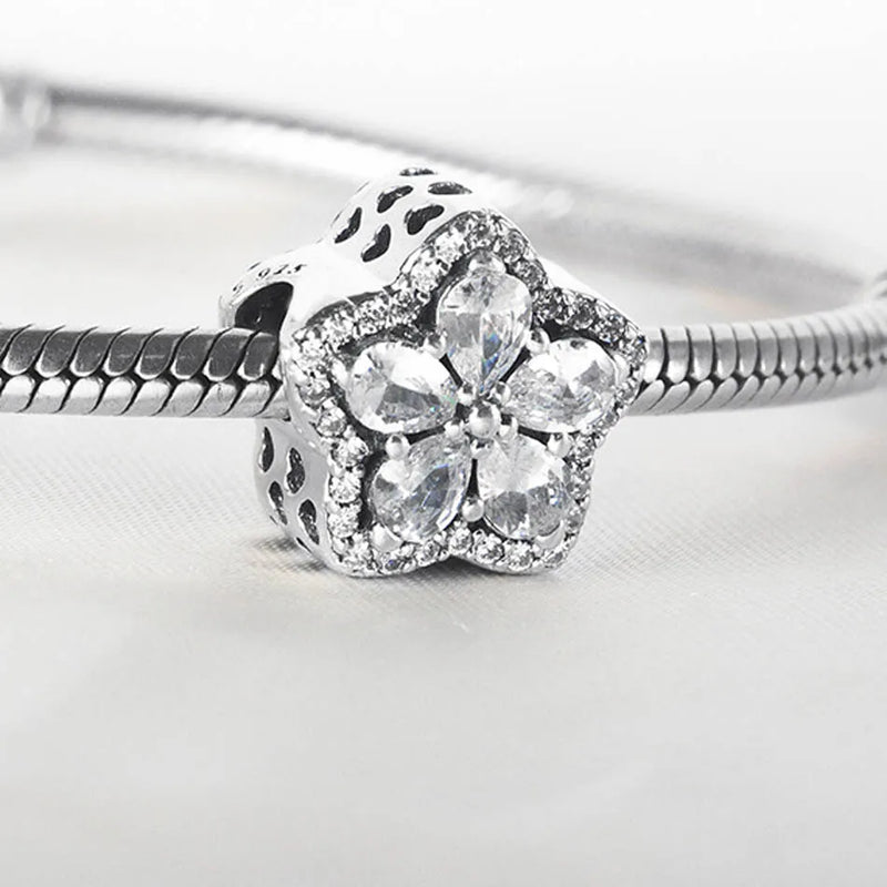 S925 Silver Bead Pave Star Charm for Bracelet Clear CZ