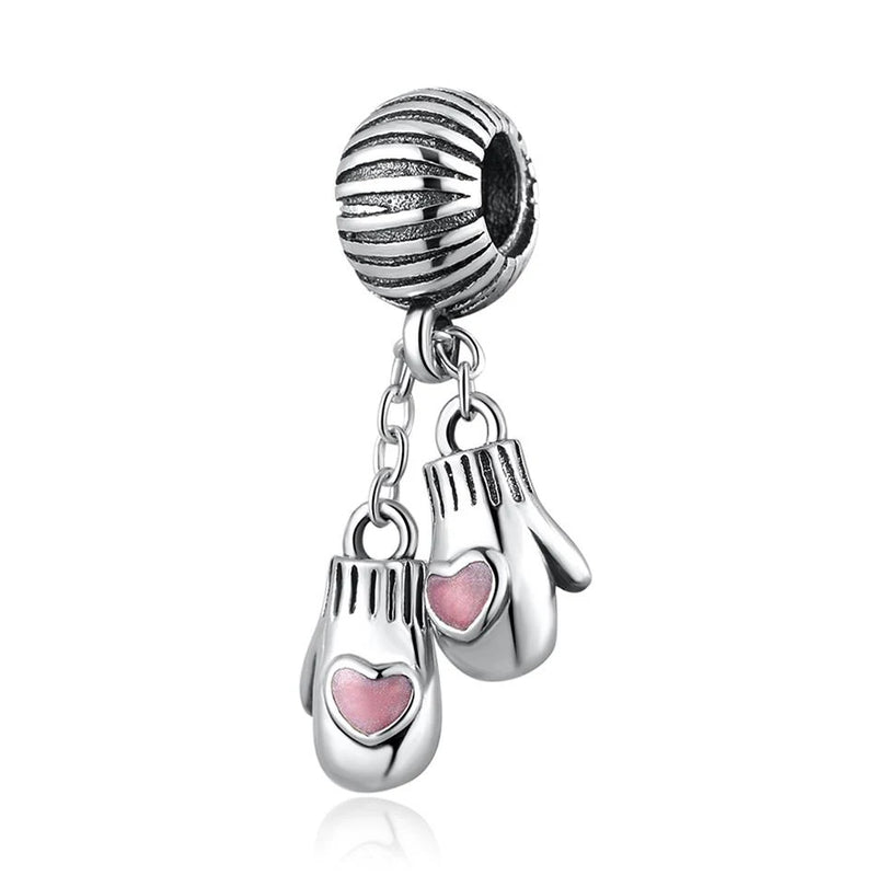 S925 Silver Pink Enamel Heart Winter Mittens Charm for Bracelet
