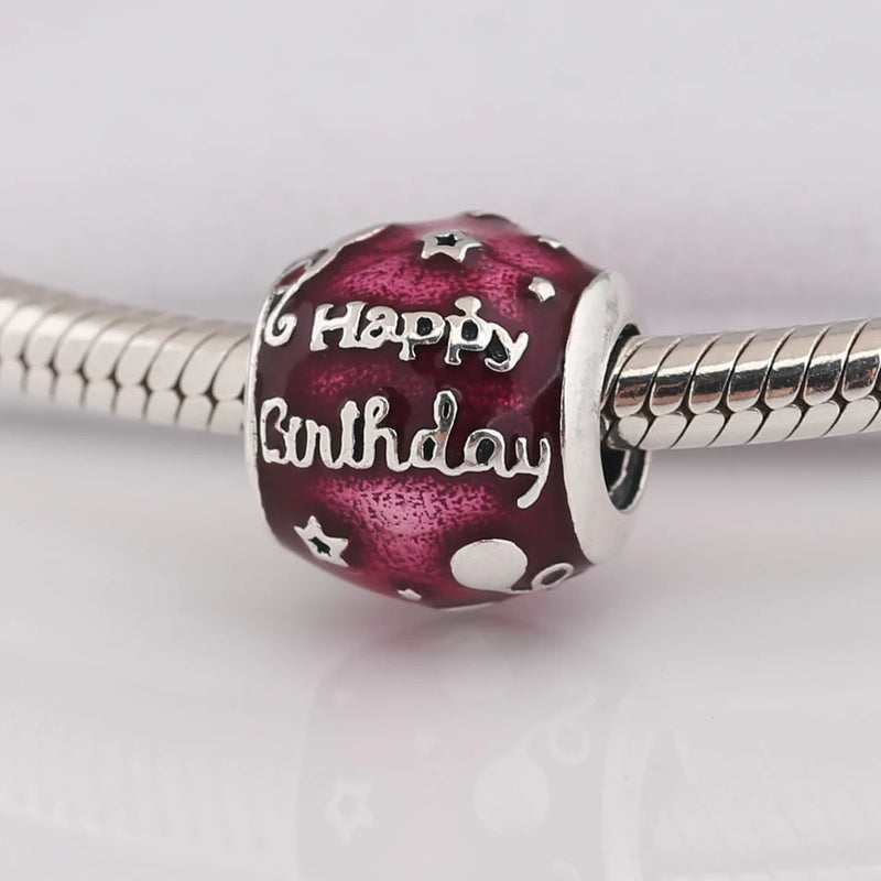 S925 Silver Bead DIY Jewelry Red Happy Birthday Charm for Lady Bracelet