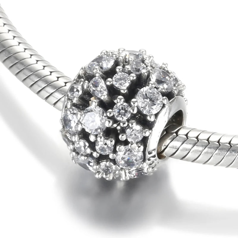 S925 Silver Bead Sparkling Round Pave CZ Charm for Bracelet Bangle