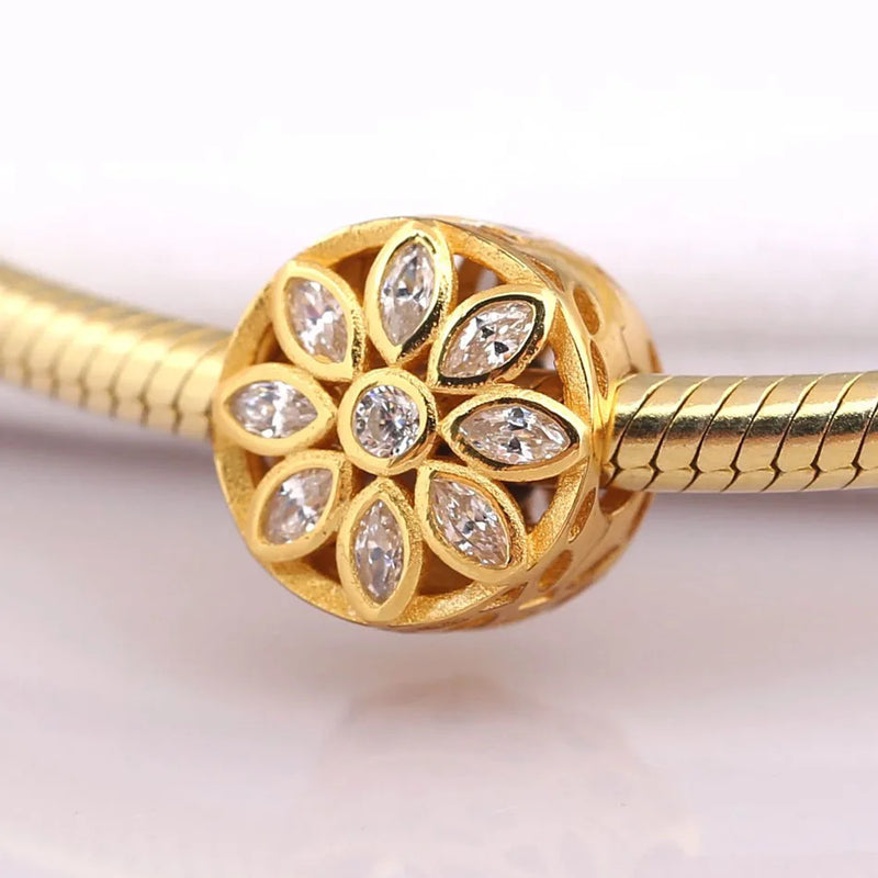 S925 Silver Bead Golden Opulent Flower With Crystal Clip Stopper Charm