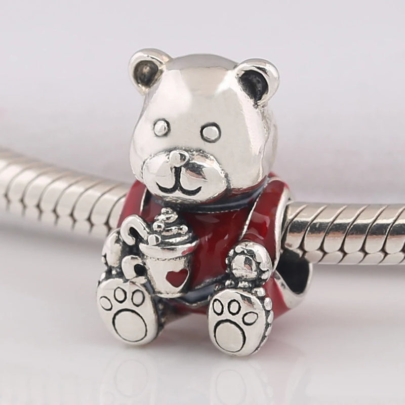 S925 Silver Red Enamel Christmas Bear Charm for Bracelet
