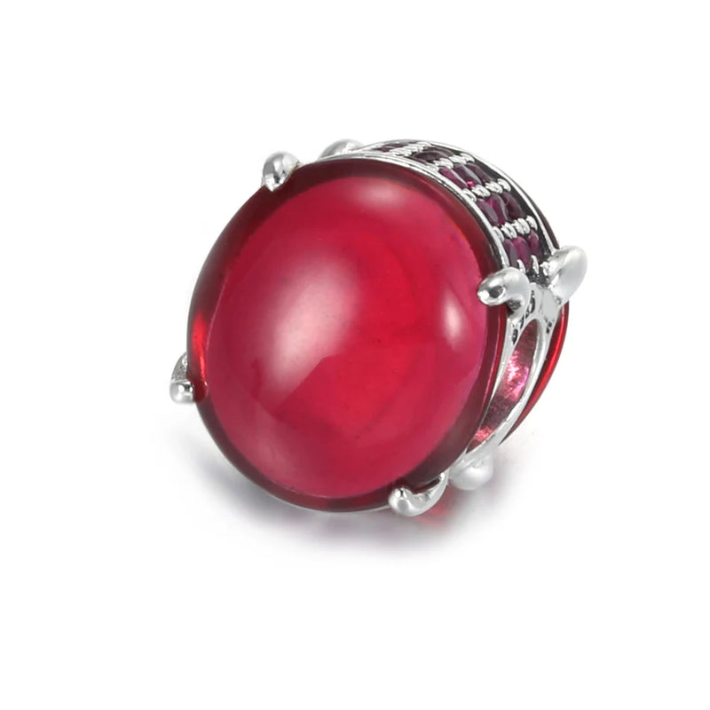 S925 Silver Red Fuchsia Oval Charm Lady Bracelet Bangle