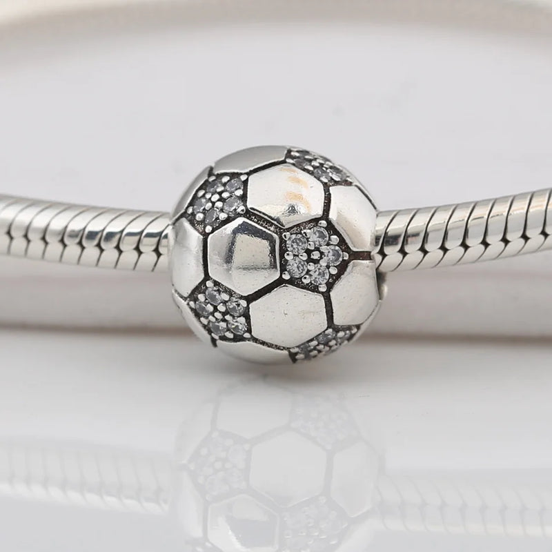 S925 Silver Soccer Football Charm Bead for Women Bracelet Bangle