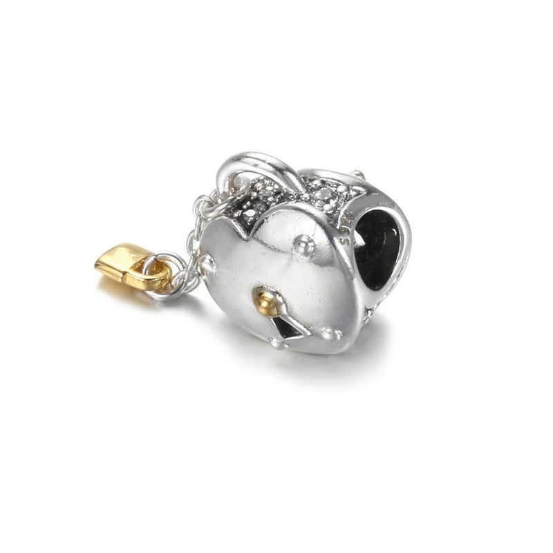 S925 Silver Bead Heart & Lock Charm for Bracelet Bangle