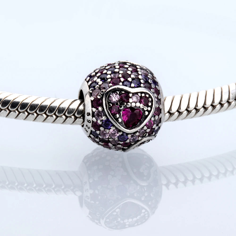 S925 Silver Bow Beads & Color CZ Peach Heart Bracelet