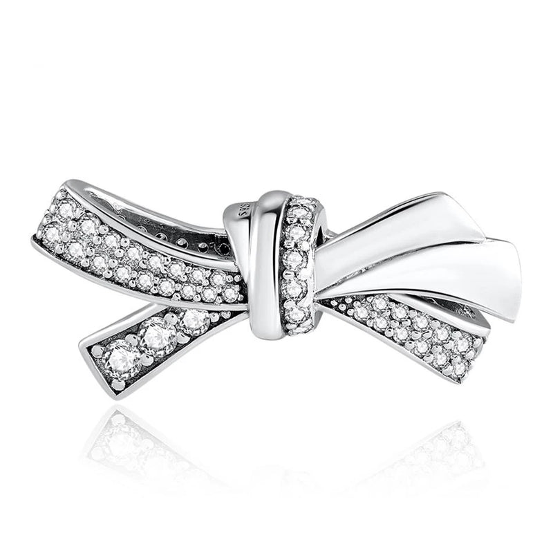 S925 Silver Bow Bead Charm for Lady Bracelet Bangle DIY Jewelry