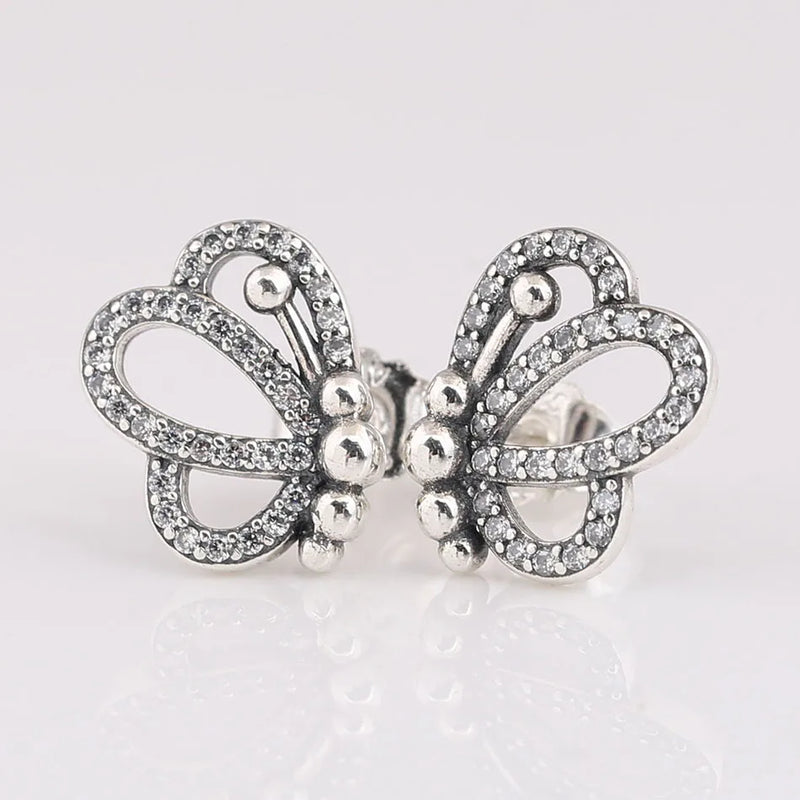 S925 Silver Butterfly Stud Earrings Crystal Wedding Gift Lady Jewelry