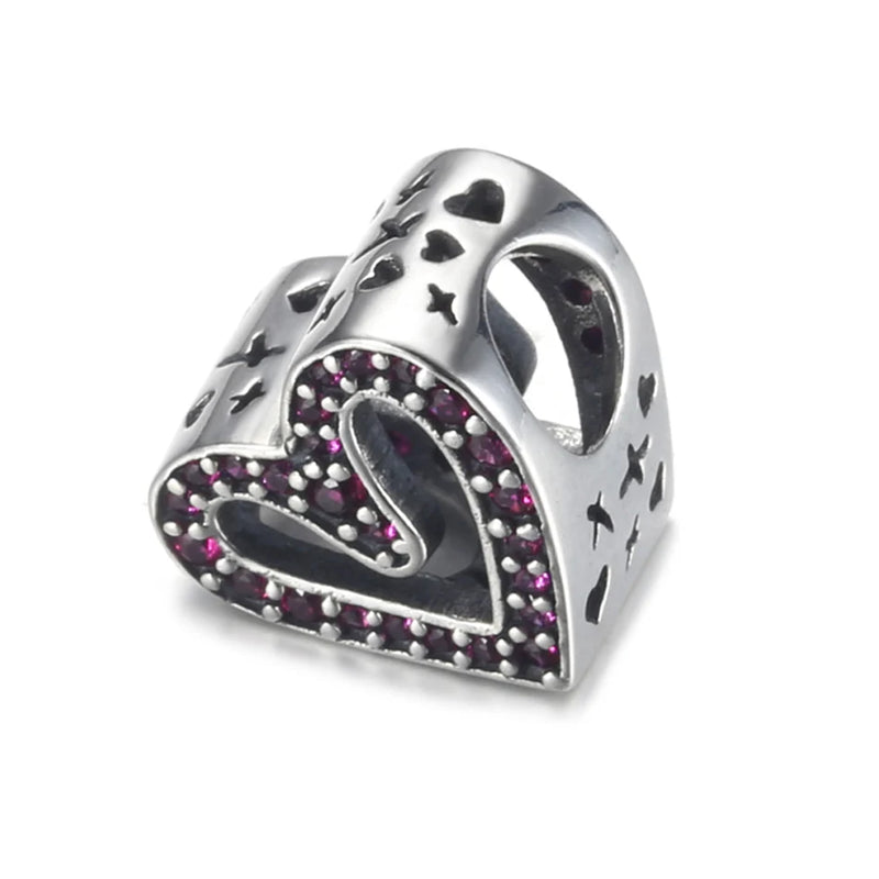 S925 Silver Red CZ Freehand Heart Bead for Bracelet Bangle